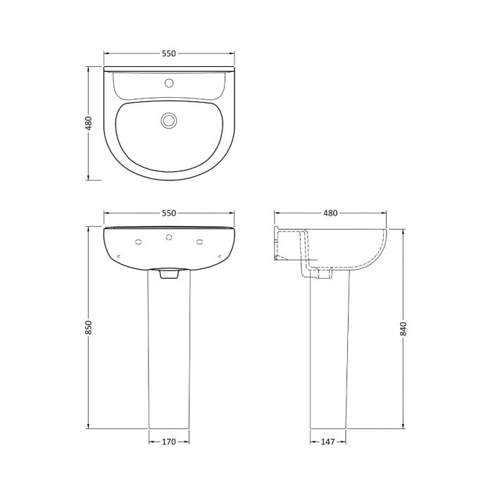 Dezine Dearne 550mm 1TH Basin and Pedestal