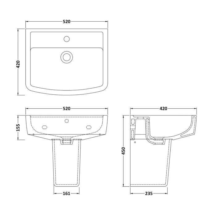 Dezine Kelvin 520mm 1TH Basin and Semi-Pedestal