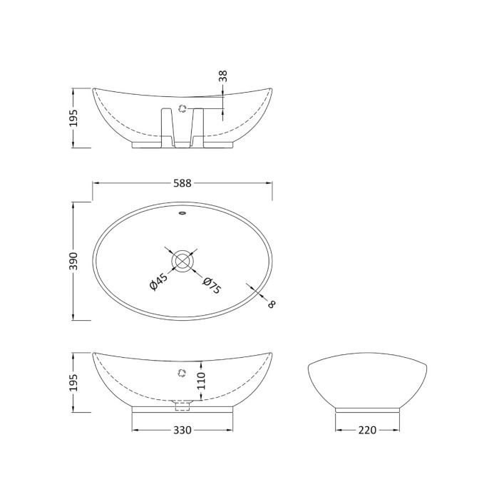 Dezine Dove 0TH, 588 x 390 x 195mm Rounded Vessel