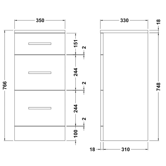 Dezine Velvare 350mm Gloss White 3 Drawer Unit (330mm deep)