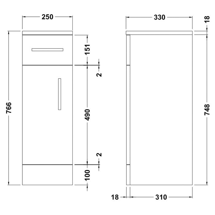 Dezine Velvare 250mm Gloss White Cupboard (330mm deep)