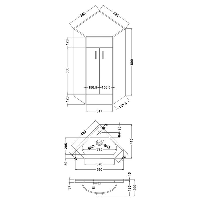 Dezine Axe Gloss White 555mm 2 Door Corner Cabinet