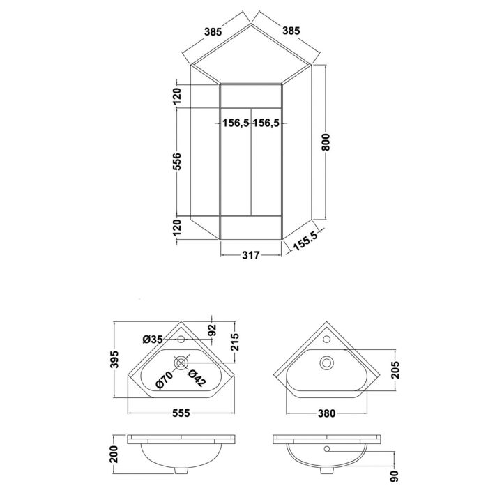 Dezine Axe Gloss White 555mm 1 Door Corner Cabinet