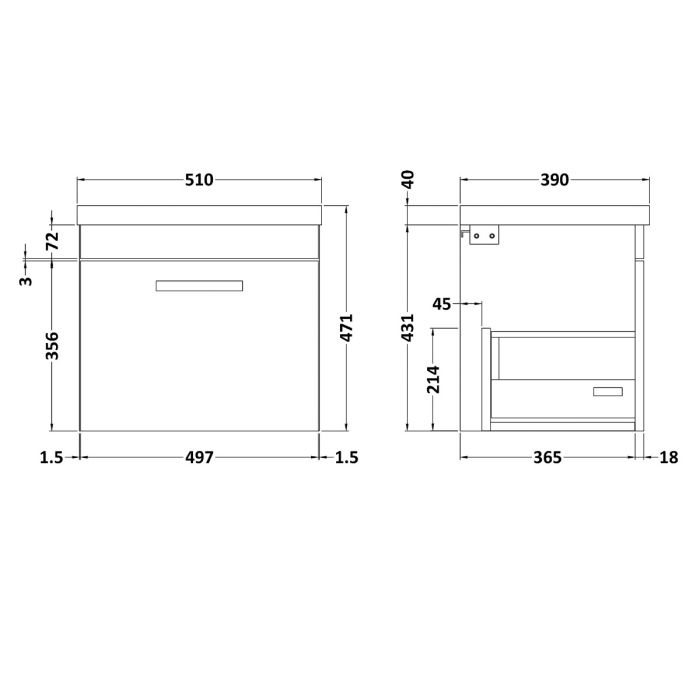 Dezine Nene 500mm Grey Avola Stort Hung 1 Drawer Vanity Unit