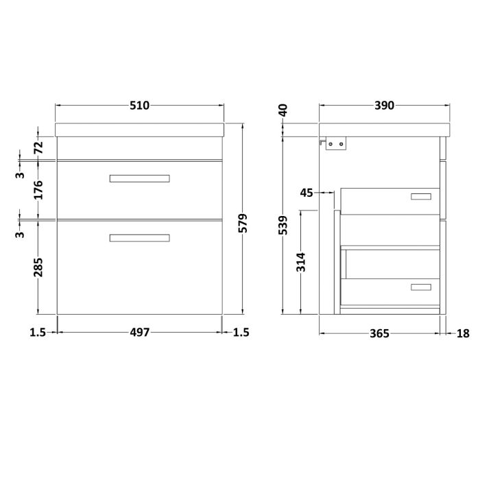 Dezine Nene 500mm Gloss White Stort Hung 2 Drawer Vanity Unit