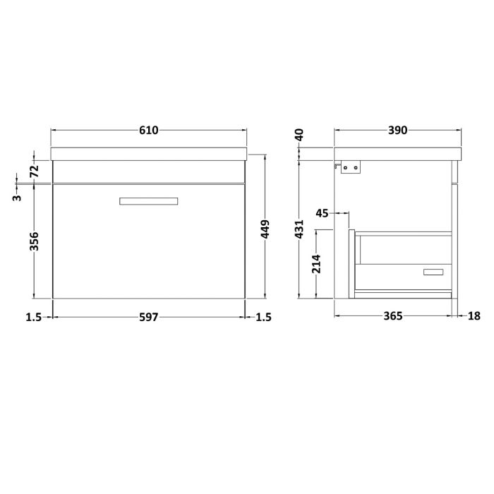 Dezine Nene 600mm Grey Avola Stort Hung 1 Drawer Vanity Unit