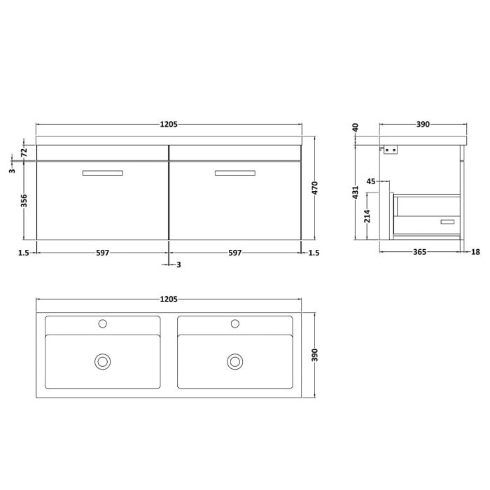 Dezine Nene 1200mm Grey Avola Stort Hung 2 Drawer Double Vanity Unit