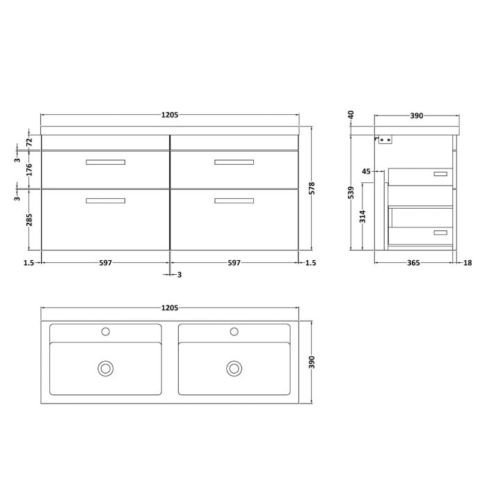 Dezine Nene 1200mm Grey Avola Stort Hung 4 Drawer Double Vanity Unit