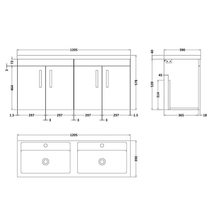 Dezine Nene 1200mm Gloss White Stort Hung 4 Door Double Vanity Unit