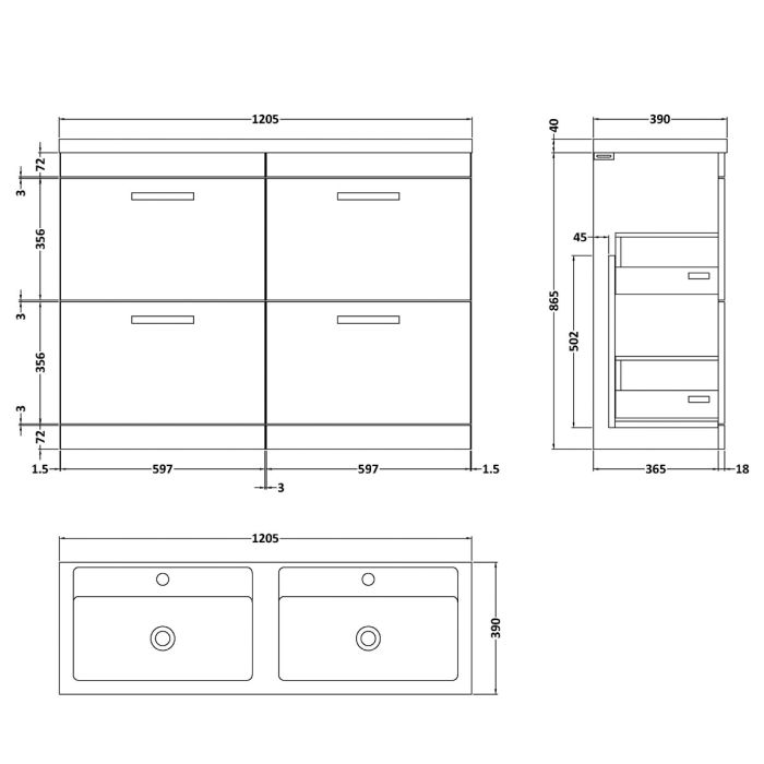 Dezine Nene 1200mm Grey Avola Floor Standing 4 Drawer Vanity Unit