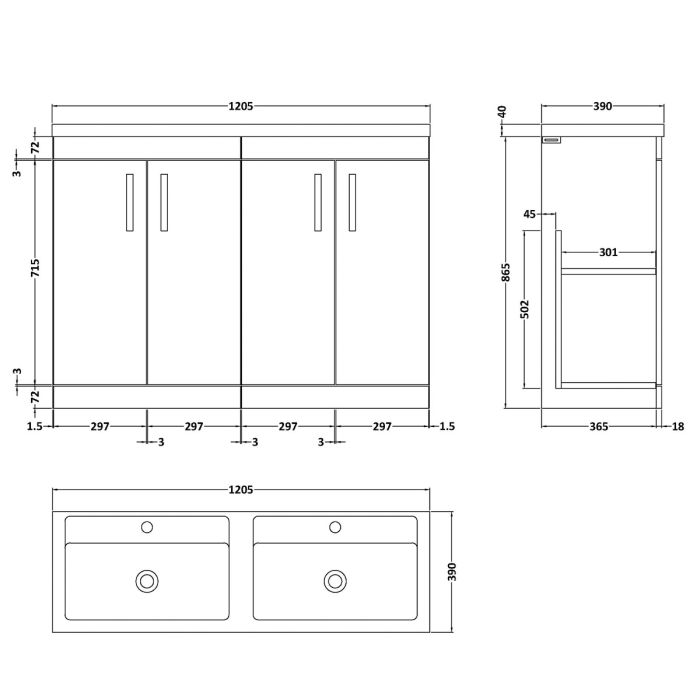 Dezine Nene 1200mm Gloss White Floor Standing 4 Door Vanity Unit