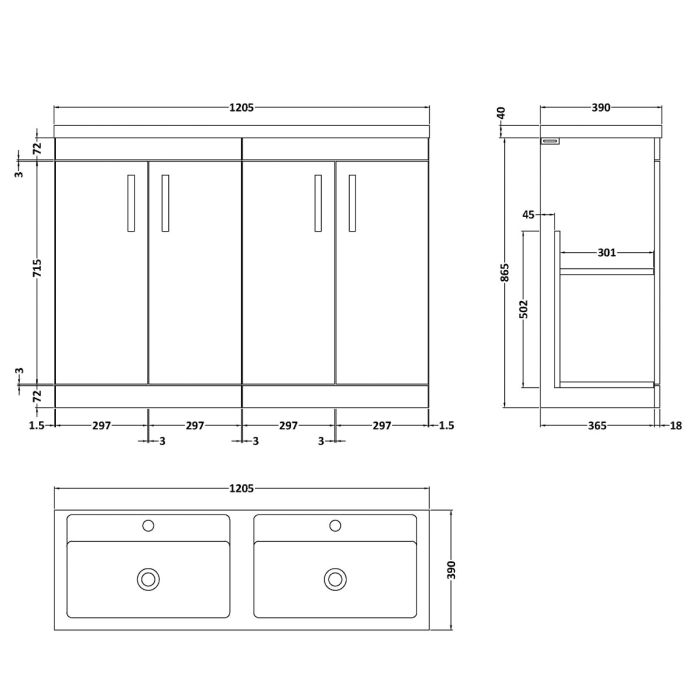 Dezine Nene 1200mm Natural Oak Floor Standing 4 Door Vanity Unit