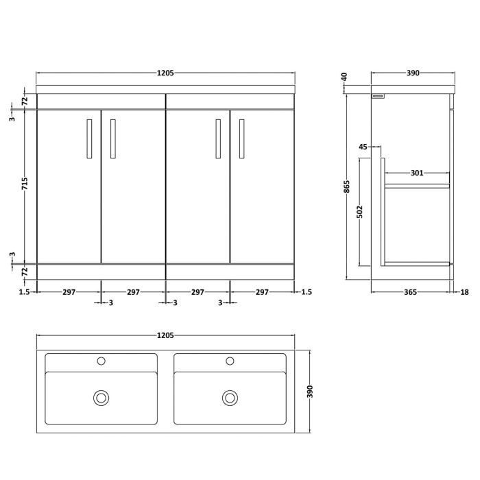 Dezine Nene 1200mm Grey Avola Floor Standing 4 Door Vanity Unit