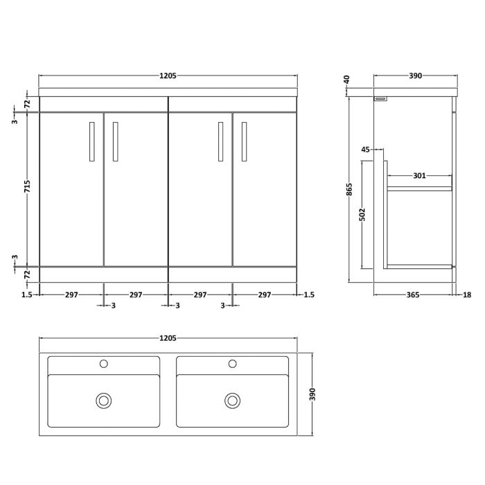 Dezine Nene 1200mm Gloss Grey Floor Standing 4 Door Vanity Unit