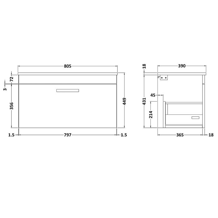 Dezine Nene 800mm Natural Oak Stort Hung 2 Drawer Vanity Unit, with Worktop