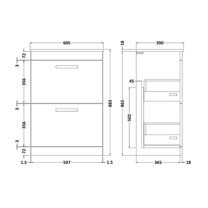 Dezine Nene 600mm Natural Oak Floor Standing 2 Drawer Vanity Unit, with Worktop