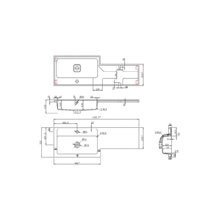 Dezine Sheaf 1100mm LH L Shape Basin and Worktop