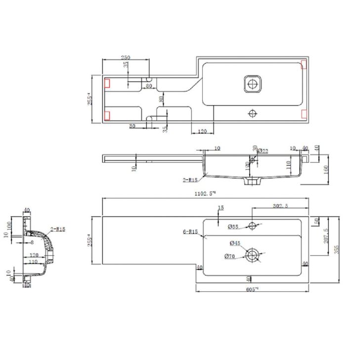 Dezine Sheaf 1100mm RH L Shape Basin and Worktop