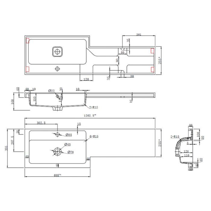 Dezine Sheaf 1200mm LH L Shape Basin and Worktop