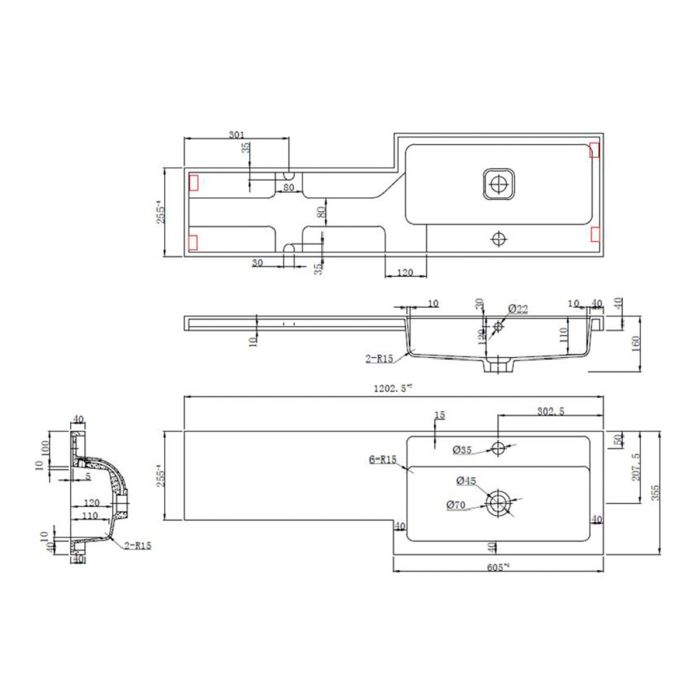 Dezine Sheaf 1200mm RH L Shape Basin and Worktop