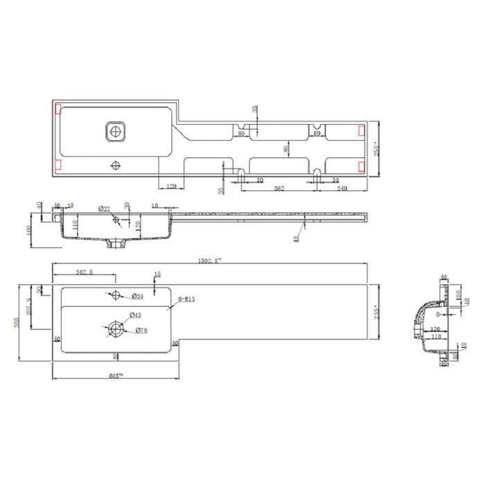 Dezine Sheaf 1500mm LH L Shape Basin and Worktop