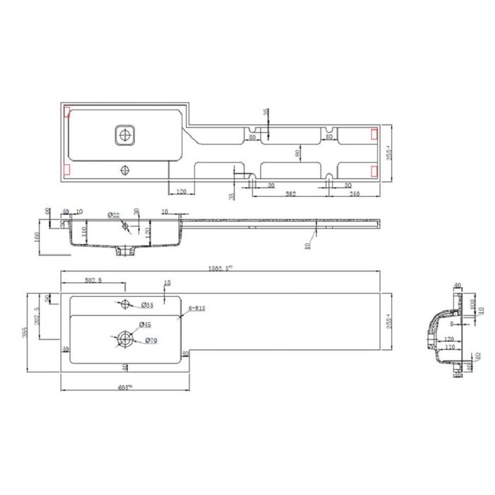 Dezine Sheaf 1500mm RH L Shape Basin and Worktop