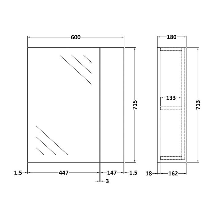 Dezine Sheaf 600mm Nithline White Single Door Mirror Unit