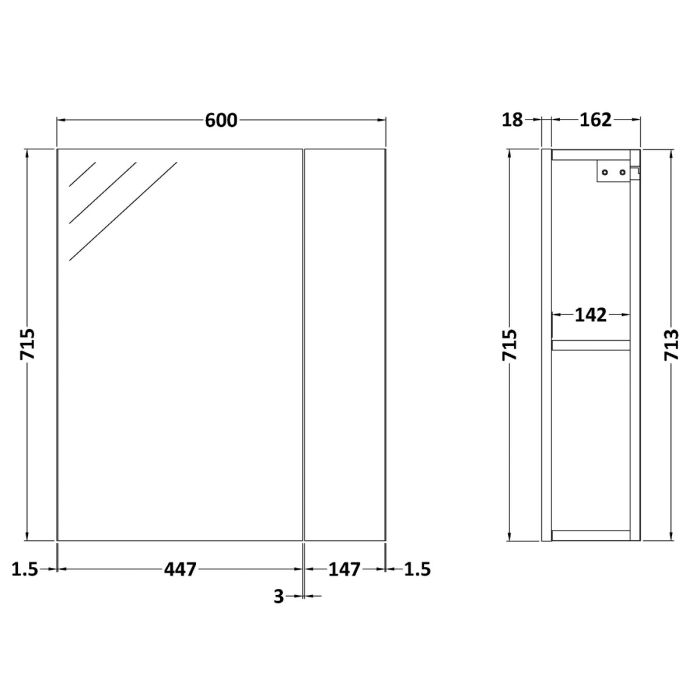 Dezine Sheaf 600mm Nithline Grey Single Door Mirror Unit