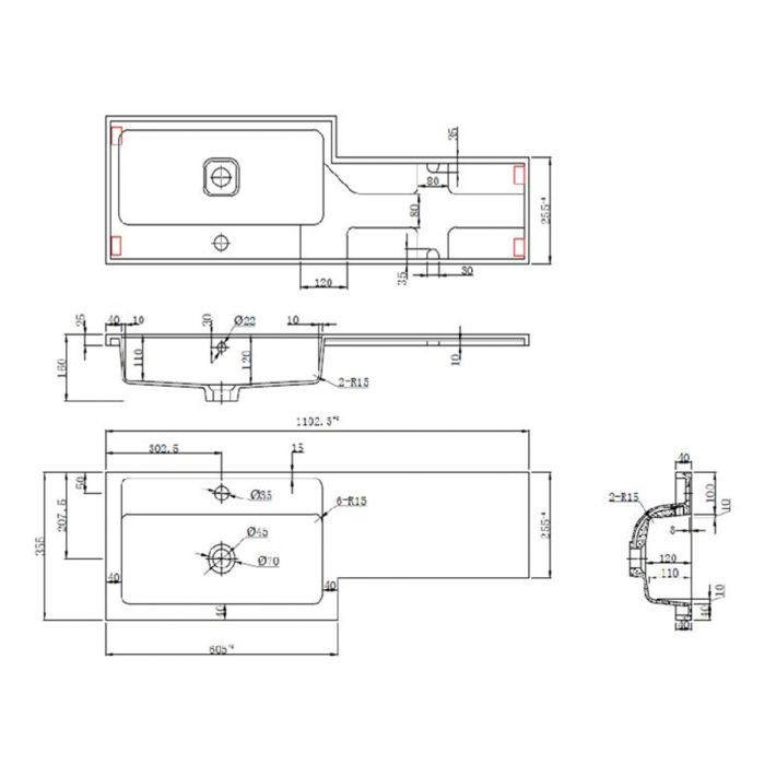 Dezine Sheaf 1000mm LH L Shape Basin and Worktop