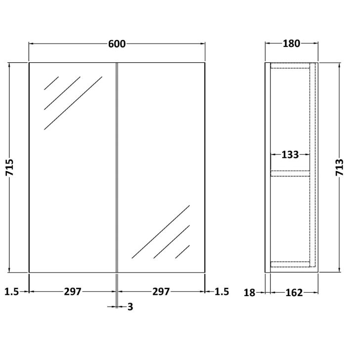 Dezine Sheaf 600mm Nithline Grey Gloss Double Door Mirror Unit