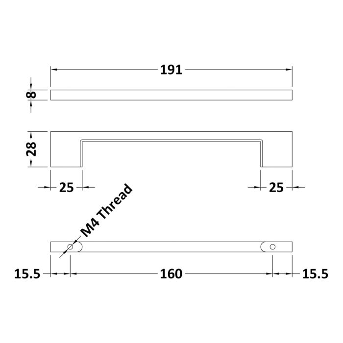 Dezine Slimline Square Handle, Matt Black, 160mm Centres