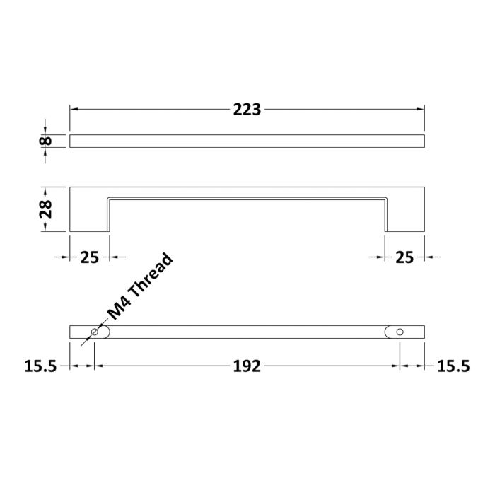 Dezine Slimline Square Handle, Matt Black, 192mm Centres