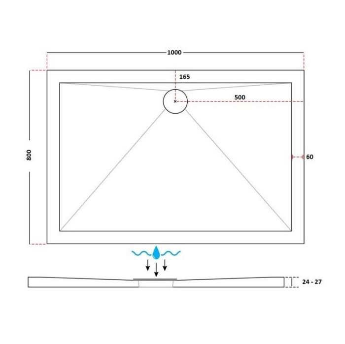 Dezine 25mm Rectangular Slim Anti Slip Shower Tray, Center Waste-1000mm x 800mm