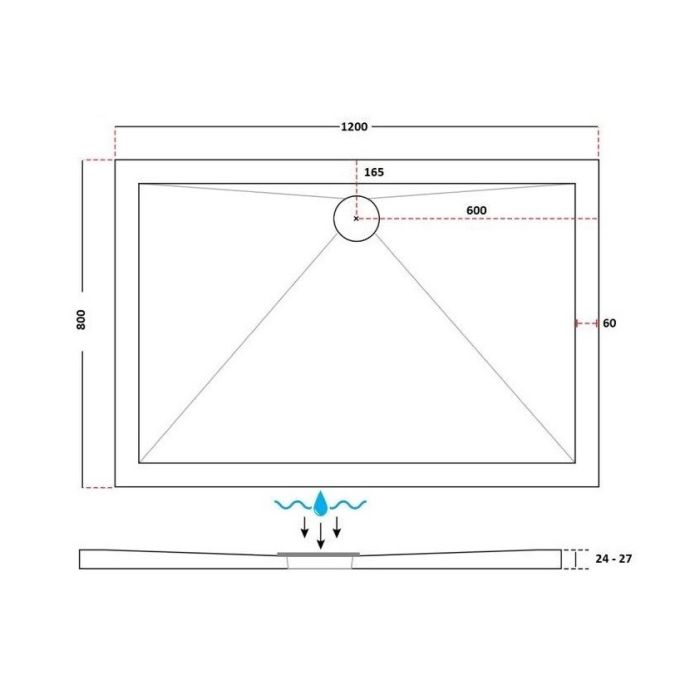 Dezine 25mm Rectangular Slim Anti Slip Shower Tray, Center Waste-1200mm x 800mm