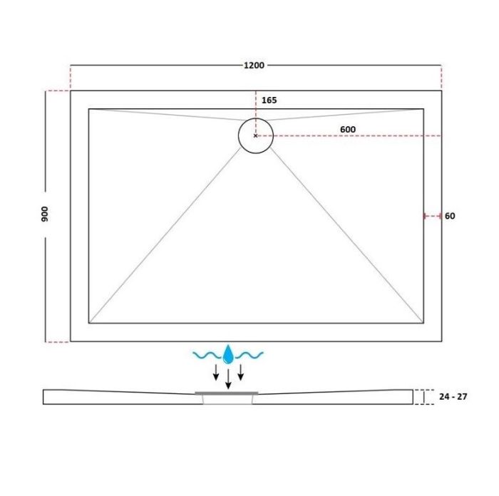 Dezine 25mm Rectangular Slim Anti Slip Shower Tray, Center Waste-1200mm x 900mm