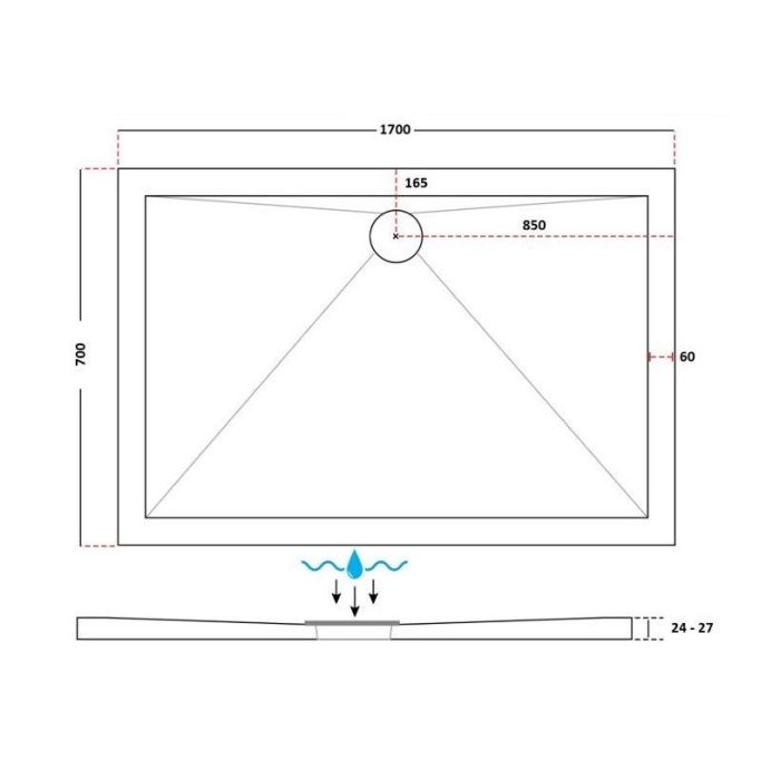 Dezine 25mm Rectangular Slim Anti Slip Shower Tray, Center Waste-1700mm x 700mm