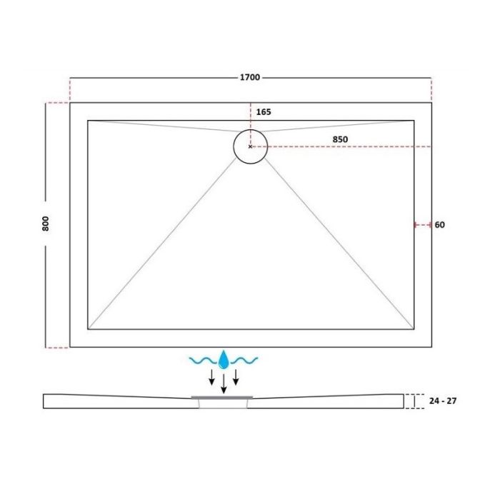 Dezine 25mm Rectangular Slim Anti Slip Shower Tray, Center Waste-1700mm x 800mm