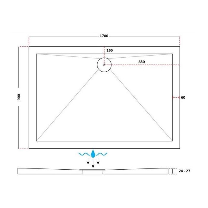 Dezine 25mm Rectangular Slim Anti Slip Shower Tray, Center Waste-1700mm x 900mm