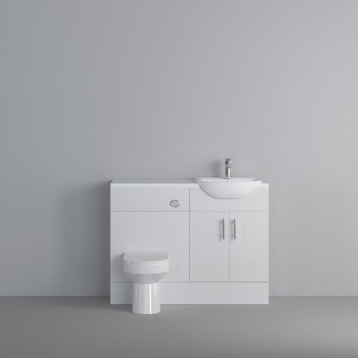 Dezine Clyde Gloss White 1000mm Pack, Vanity and WC Unit. White worktop. Chrome Fittings