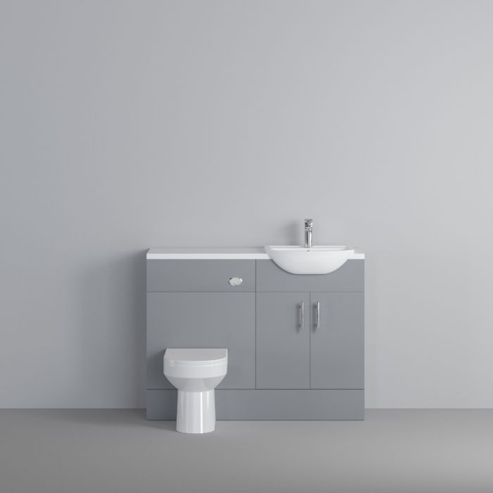 Dezine Clyde Gloss Grey 1000mm Pack, Vanity and WC Unit. White worktop. Chrome Fittings