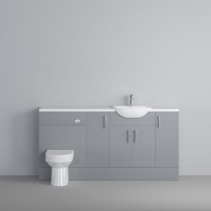 Dezine Clyde Gloss Grey 1600mm Pack, Vanity, WC and 2 FS Cupboard Units. White worktop. Chrome Fittings