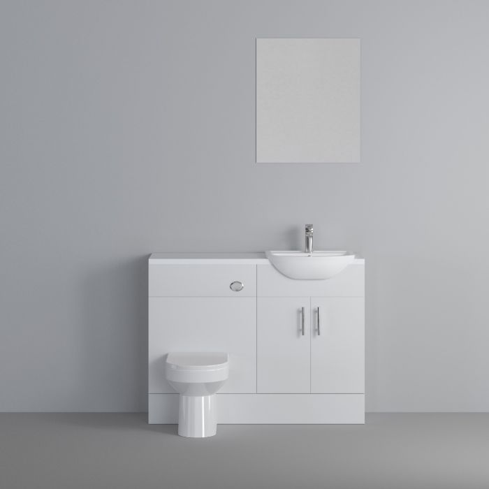 Dezine Clyde Gloss White 1000mm Pack, Vanity, WC and Mirror Unit. White worktop. Chrome Fittings