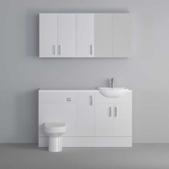 Dezine Clyde Gloss White 1600mm Pack, Vanity, WC with Stort Cupboards and Mirror Cabinet. White worktop. Chrome Fittings