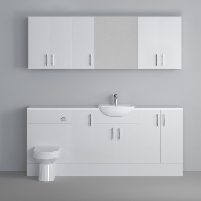 Dezine Clyde Gloss White 1800mm Pack, Vanity, WC with Stort Cupboards and Mirror Cabinet. White worktop. Chrome Fittings