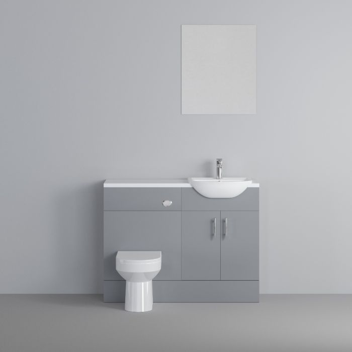 Dezine Clyde Gloss Grey 1000mm Pack, Vanity, WC and Mirror Unit. White worktop. Chrome Fittings