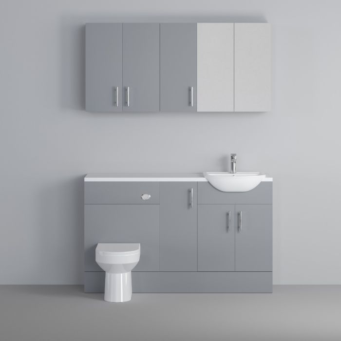 Dezine Clyde Gloss Grey 1500mm Pack, Vanity, WC with Stort Cupboards and Mirror Cabinet. White worktop. Chrome Fittings