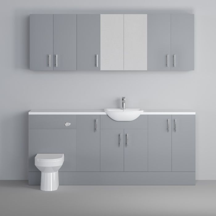 Dezine Clyde Gloss Grey 1900mm Pack, Vanity, WC with Stort Cupboards and Mirror Cabinet. White worktop. Chrome Fittings