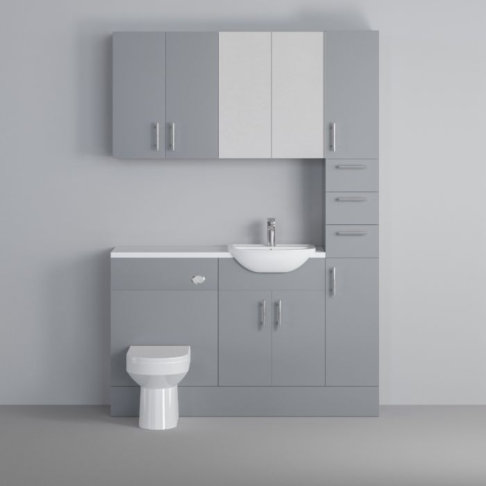 Dezine Clyde Gloss Grey 1500mm Pack, Vanity, WC, Stort Cupboards, Mirror Cabinet with Tall Cupboard. White worktop. Chrome Fittings