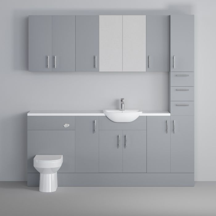 Dezine Clyde Gloss Grey 1900mm Pack, Vanity, WC, Stort Cupboards, Mirror Cabinet with Tall Cupboard. White worktop. Chrome Fittings