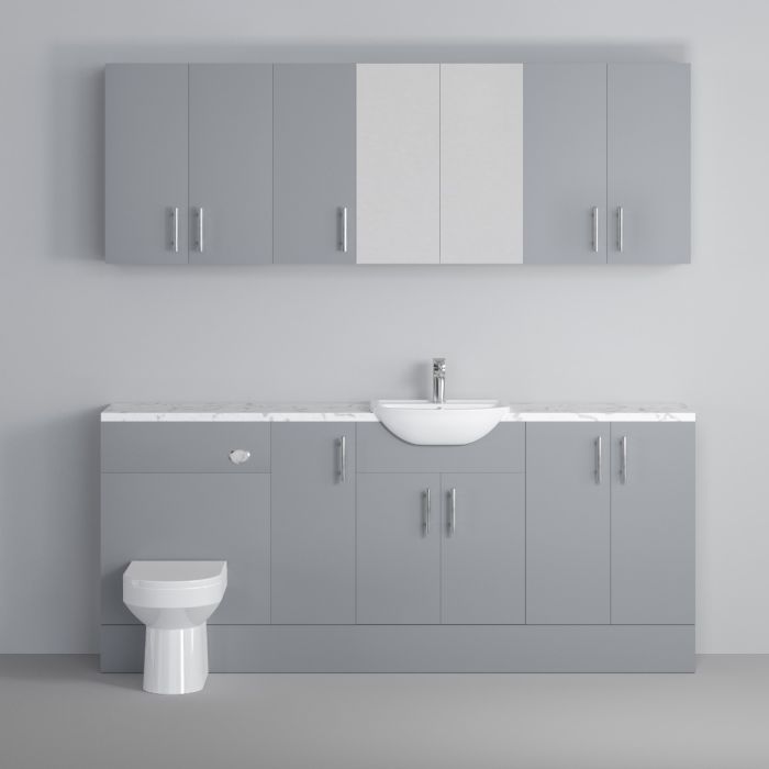 Dezine Clyde Gloss Grey 1800mm Pack, Vanity, WC with Stort Cupboards and Mirror Cabinet. Matt Marble worktop. Chrome Fittings